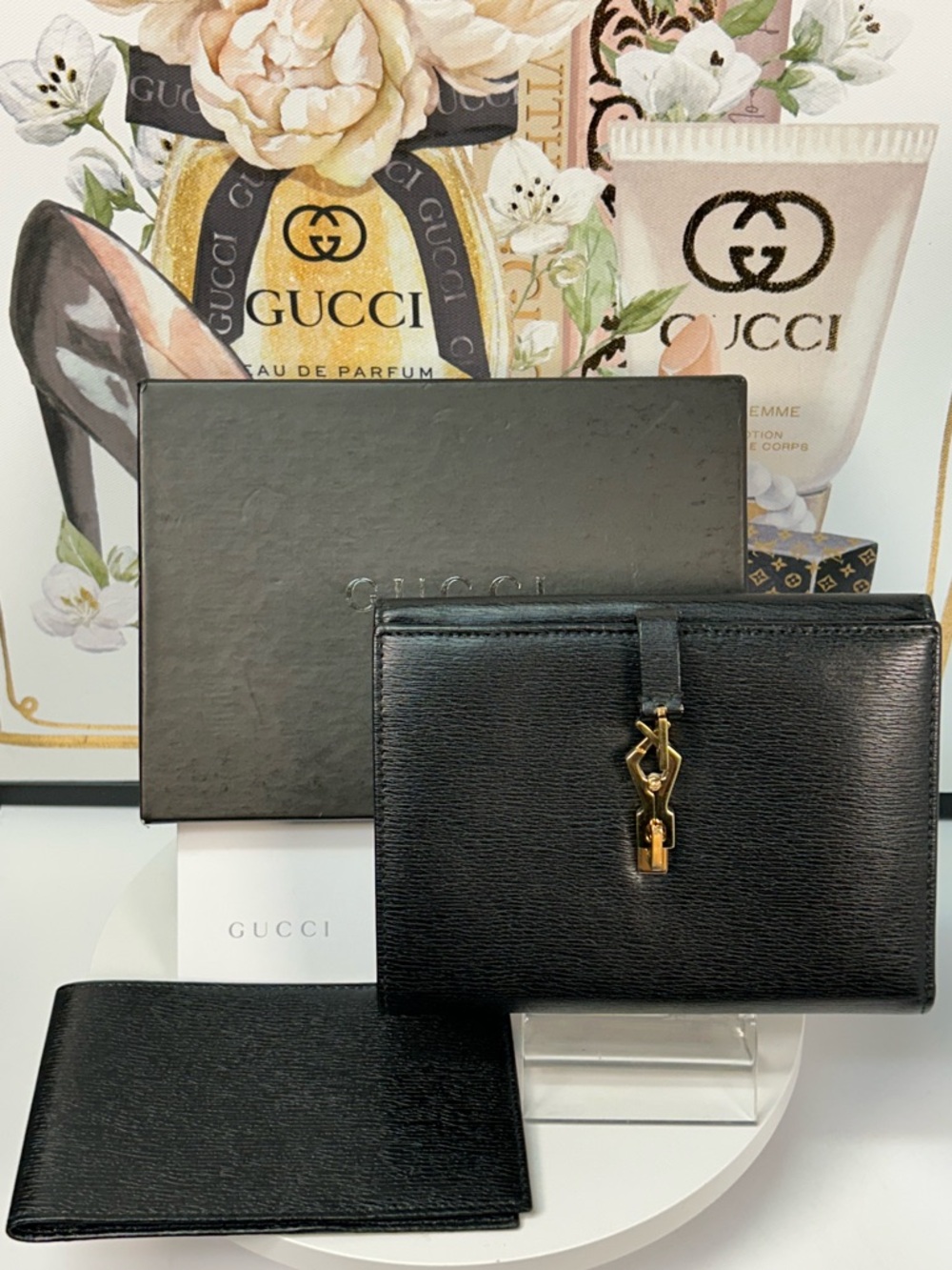 2-Pc GUCCI Jackie Black Leather Bifold Wallet with Checkbook 🖤